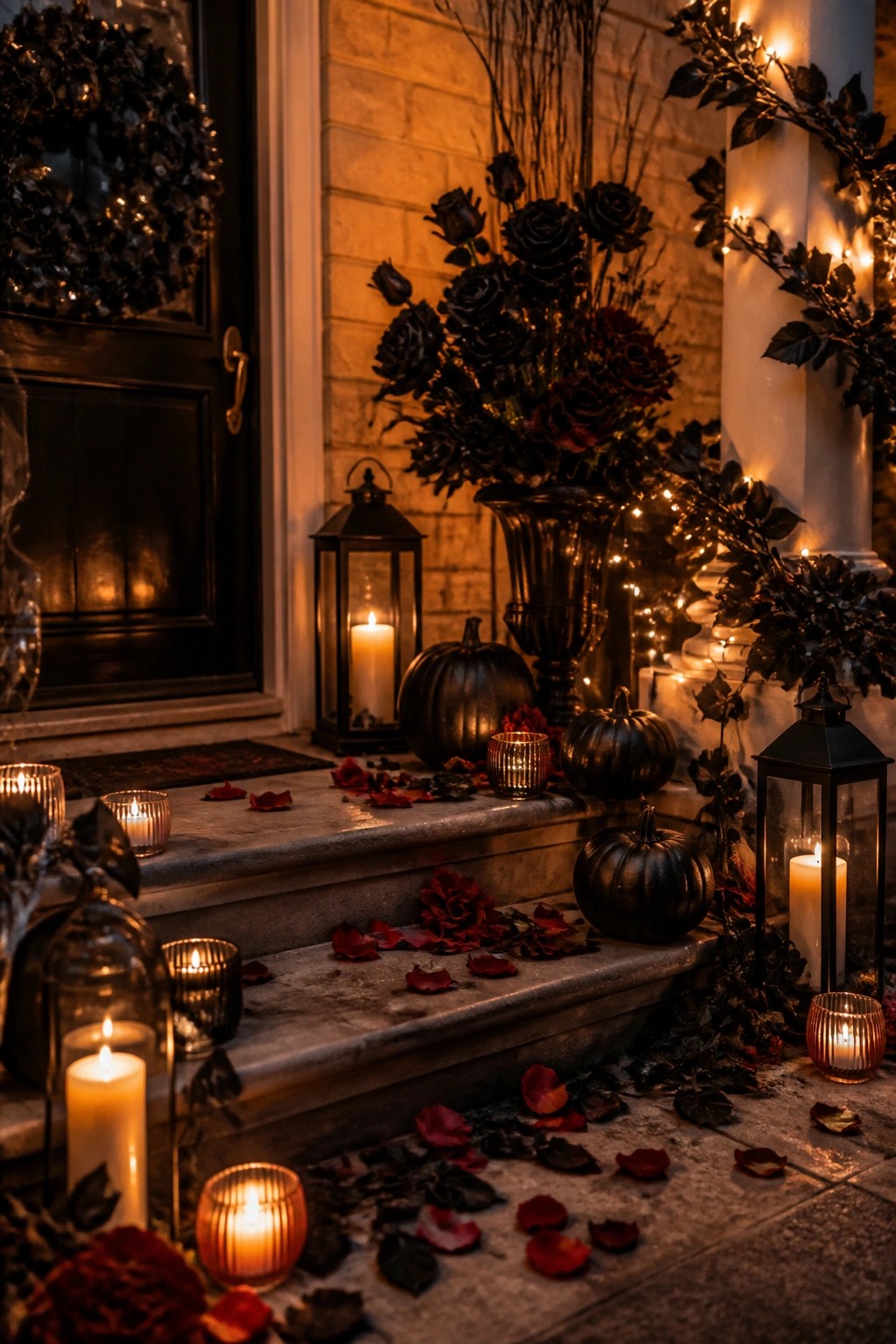 Front porch steps decorated with black pumpkins, a large vase of dark roses, black lanterns with lit candles, and scattered red petals around a dark front door.