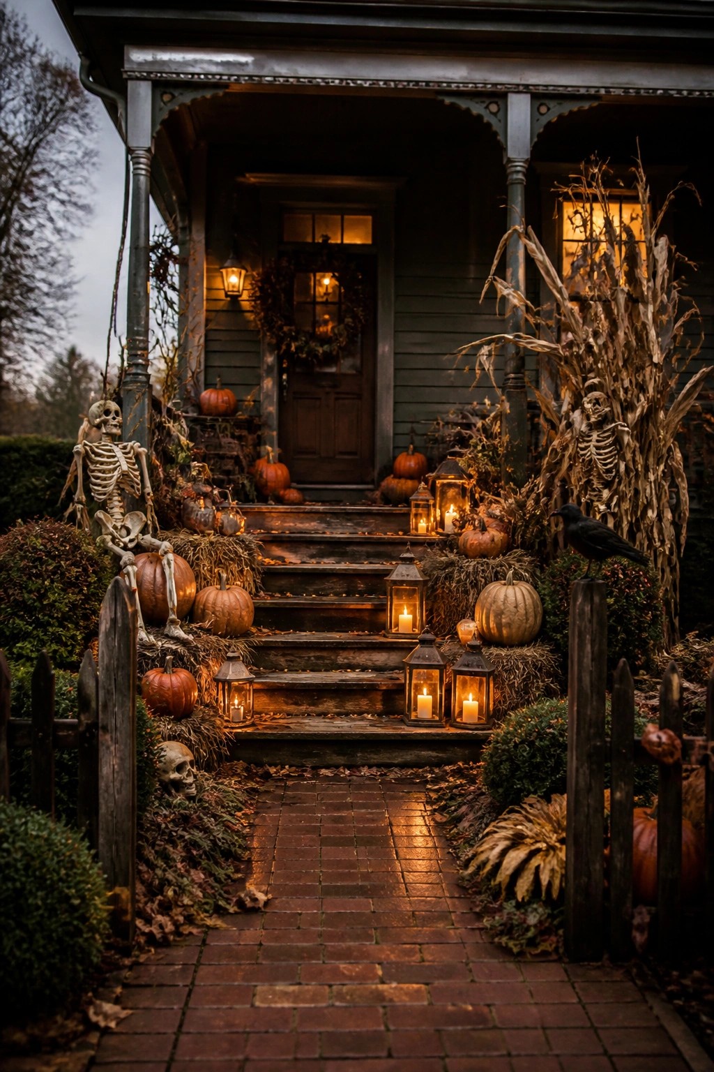 Front porch with two skeletons posed among pumpkins, lanterns, and dried corn stalks on the steps of a house.
