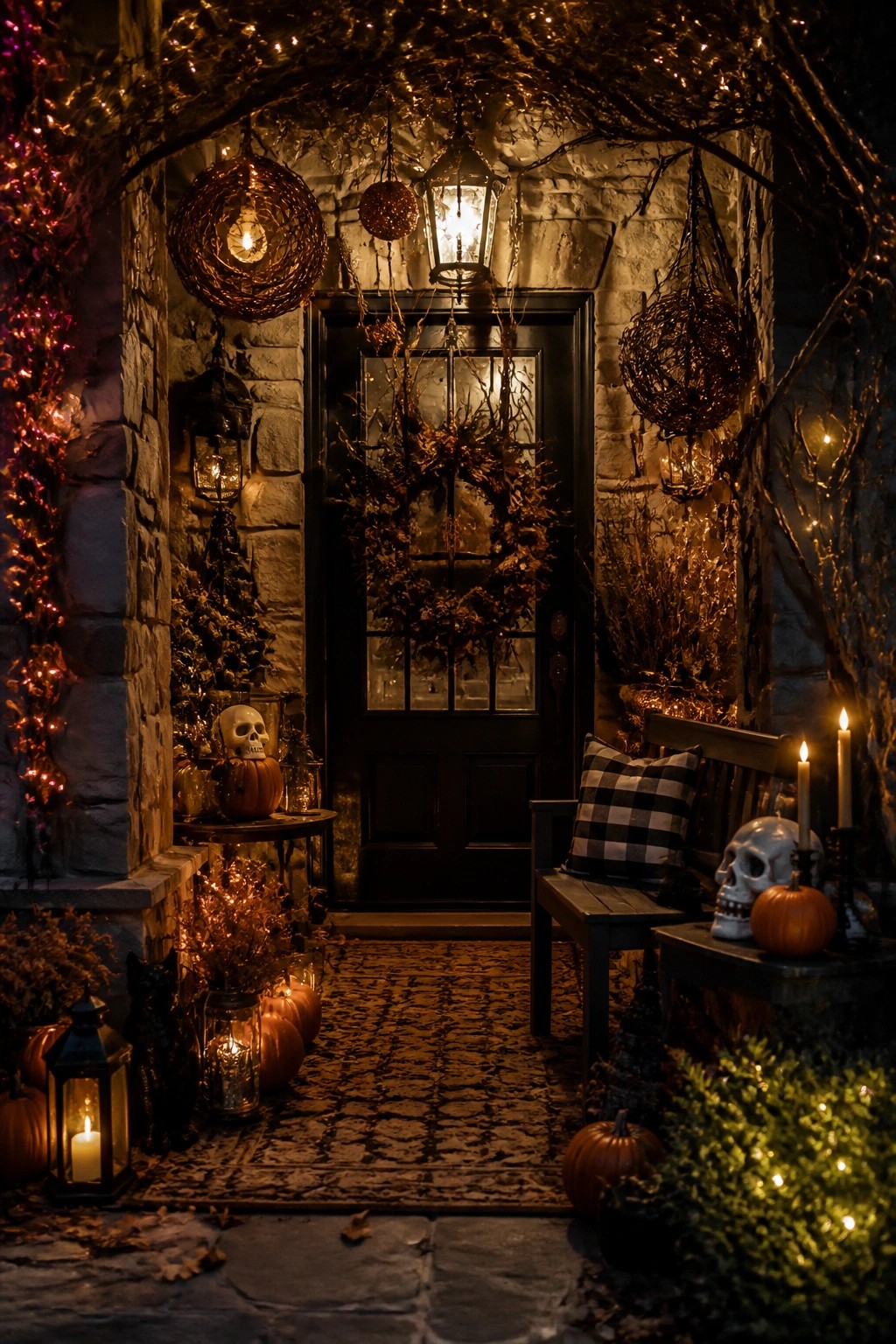 Front porch at night with stone walls, a black door, skulls placed on tables beside pumpkins and lanterns, a black cat figure, and string lights along the archway.