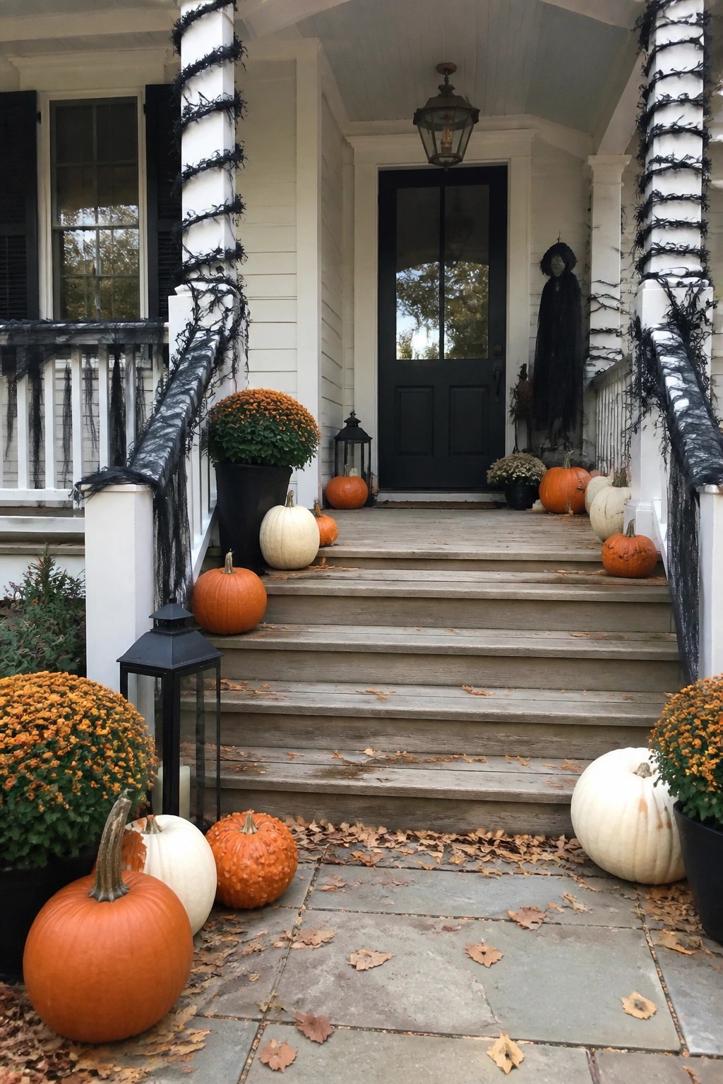 Front porch with black garland wrapped around white columns, a hanging witch figure, and pumpkins placed on the steps.