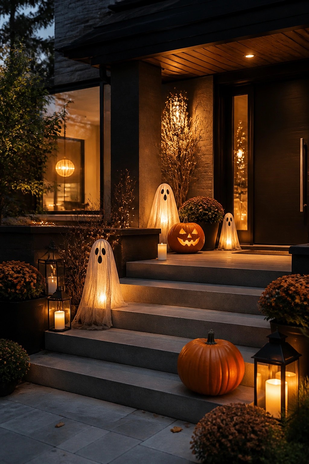 Glowing ghosts, carved pumpkins, and lanterns on house steps at night