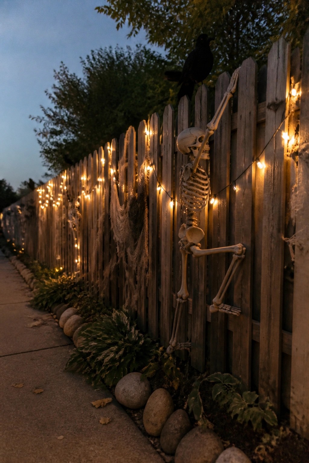 Wooden fence along a sidewalk decorated with a climbing skeleton, a black crow on top, string lights, and spiderweb accents.