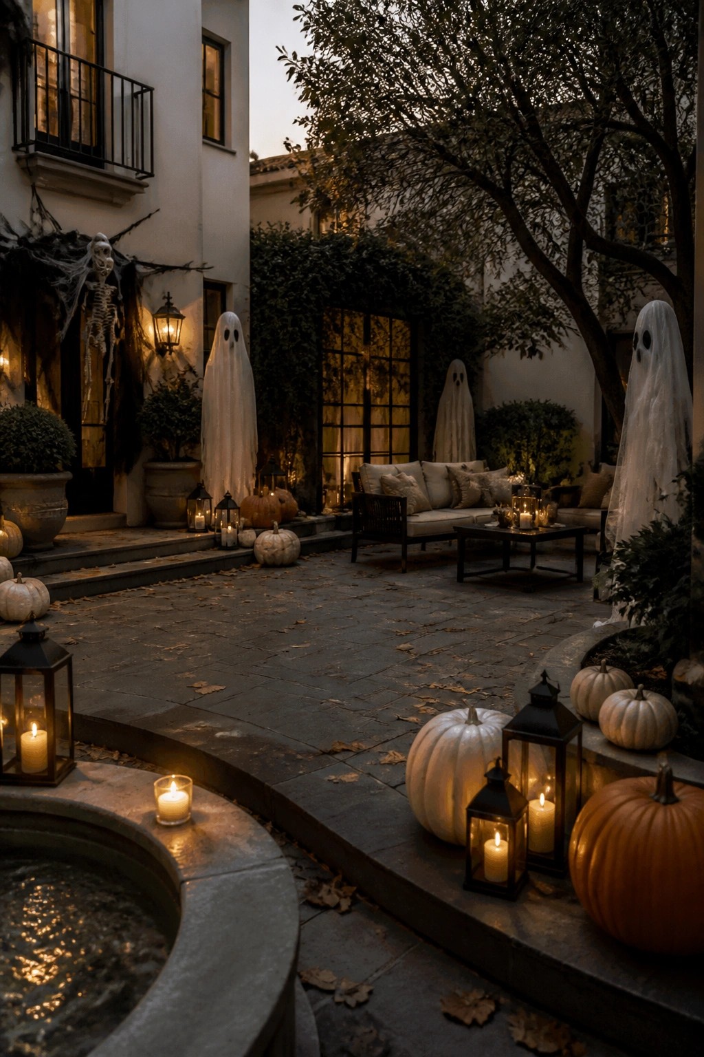 Outdoor stone patio with multiple white sheet ghosts placed near seating, a hanging skeleton on the wall, pumpkins, and lanterns.