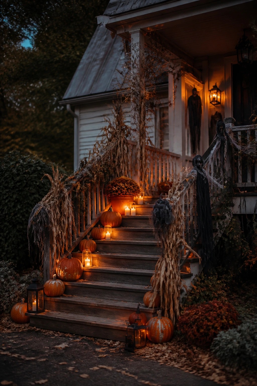 Outdoor wooden porch stairs lined with orange pumpkins and glowing lanterns, with dried corn stalks and dark draped figures along the railings.