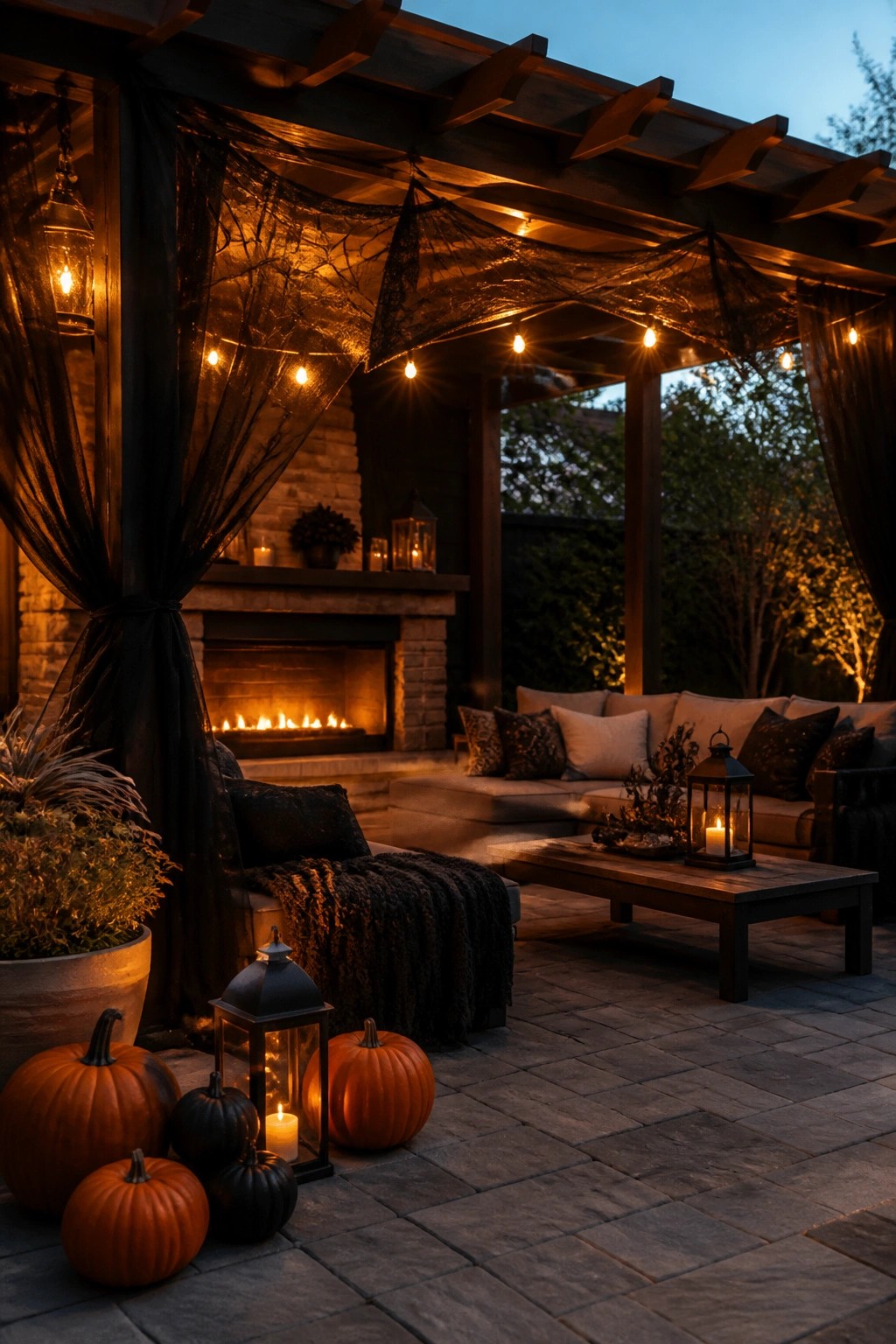 Outdoor patio with black spiderwebs draped across a wooden pergola, pumpkins on the stone floor, and lanterns near a lit fireplace.