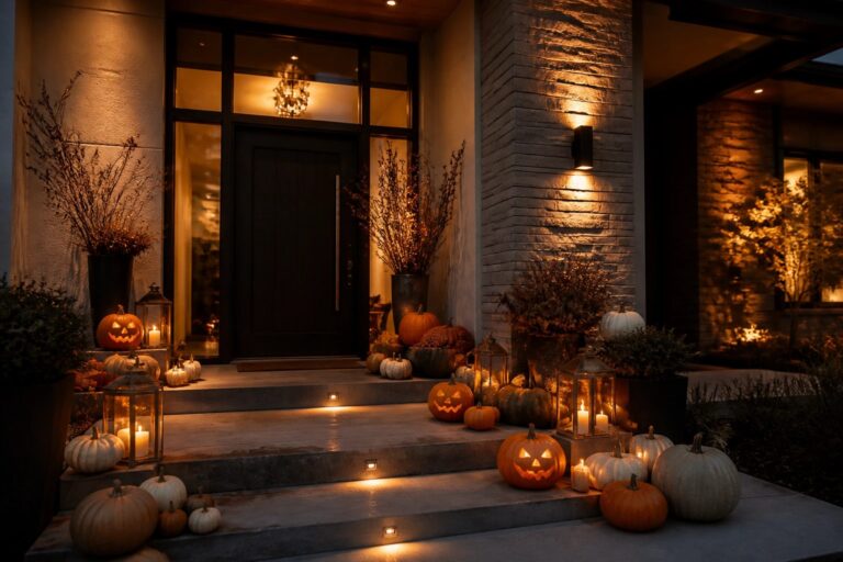 Glowing ghosts, carved pumpkins, and lanterns on house steps at night