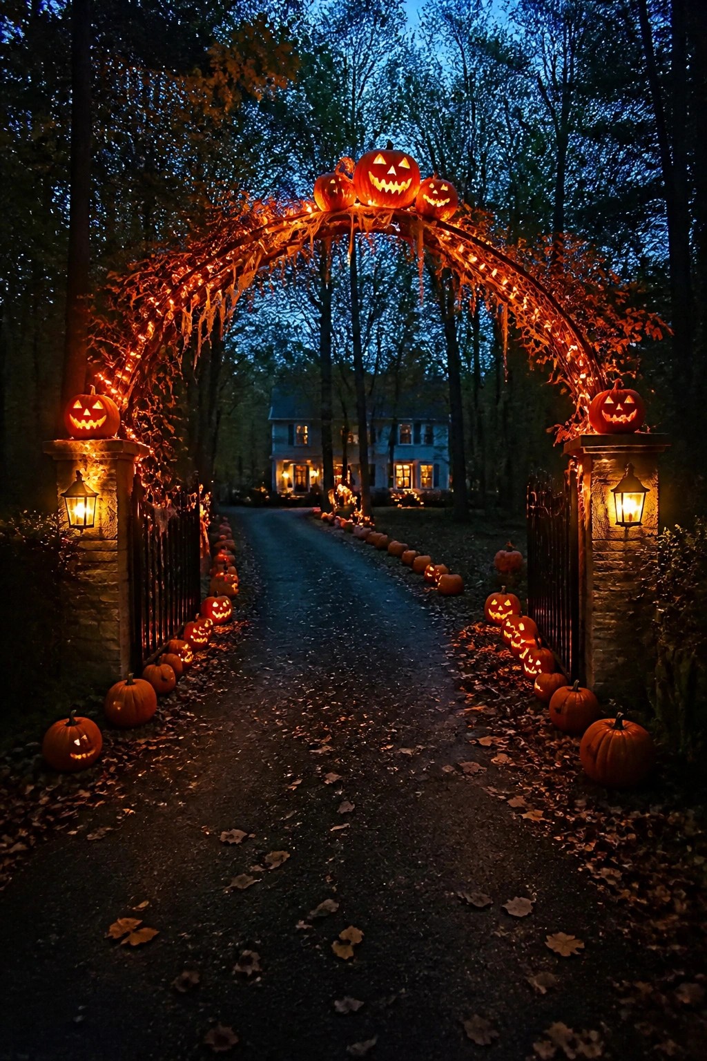 Driveway entrance framed by a large arch covered in carved jack-o'-lanterns and string lights, with pumpkins lining both sides of the path leading to a house.