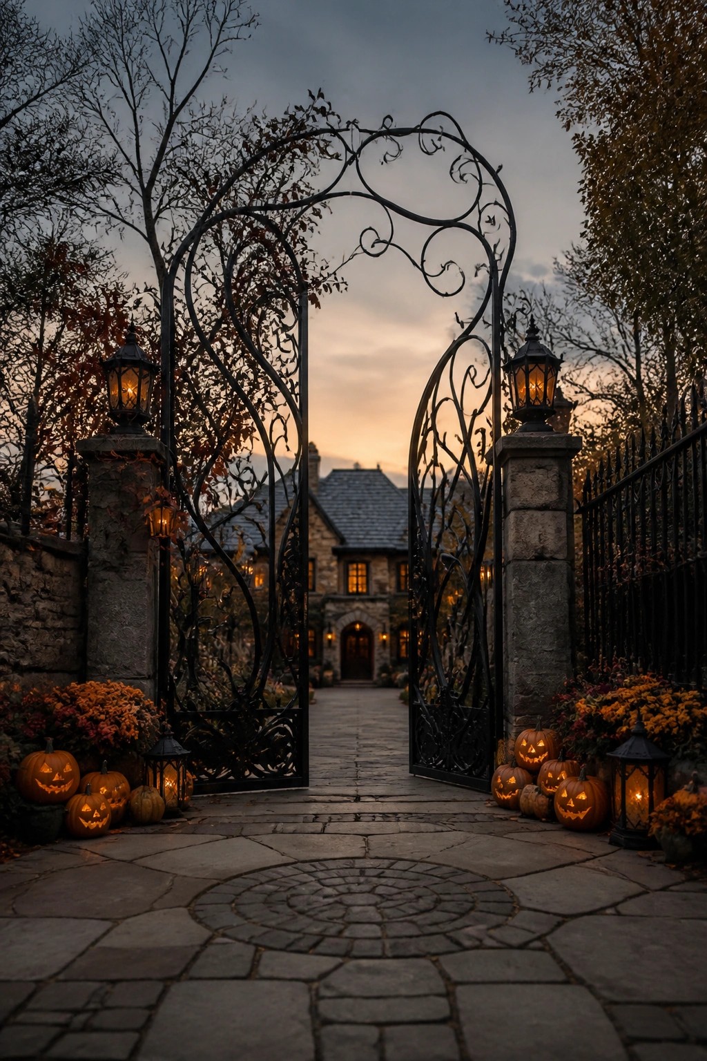 Ornate black iron gates on stone pillars flanked by carved jack-o'-lanterns and lanterns along a stone walkway at dusk.