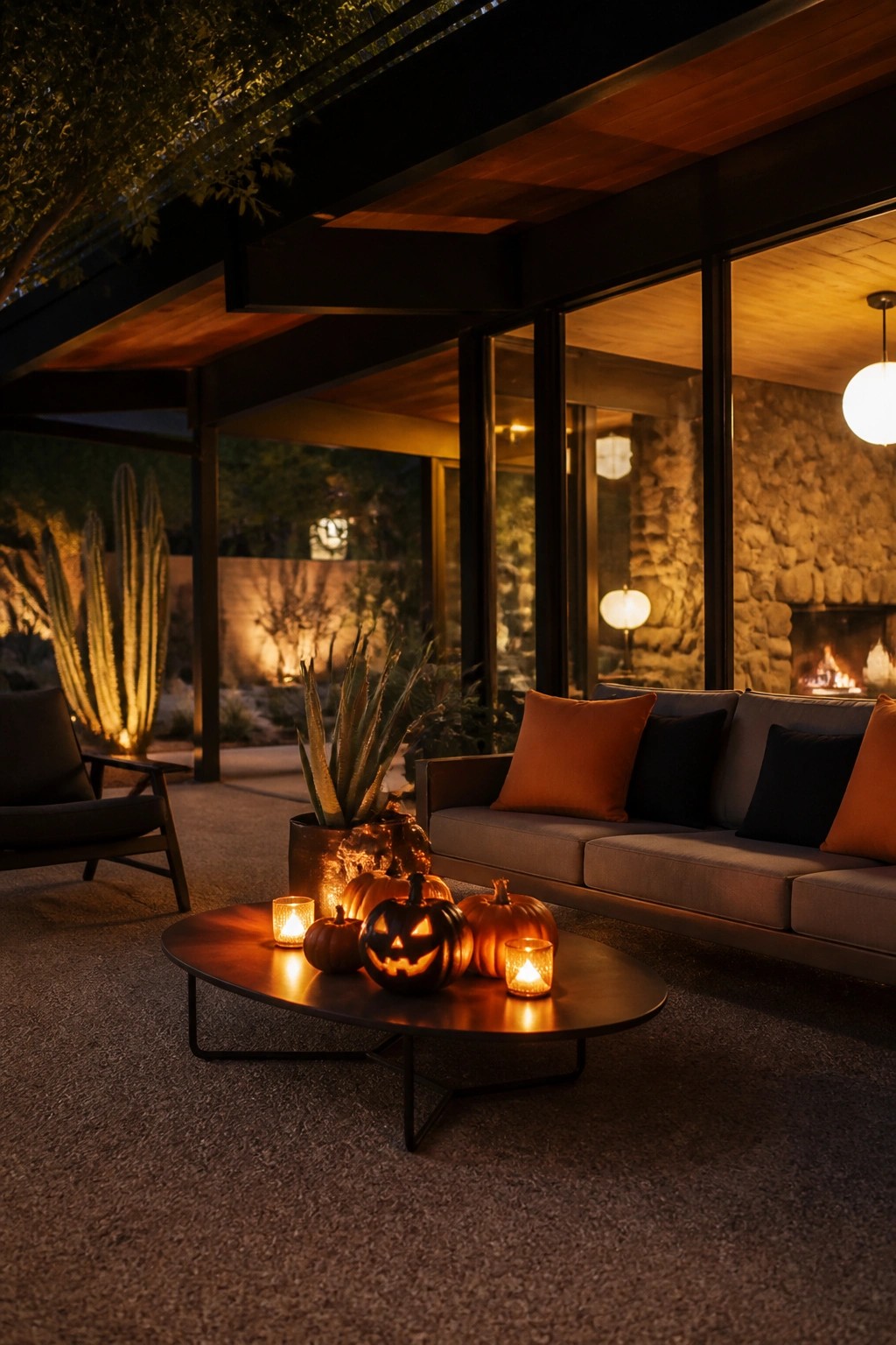 Outdoor patio coffee table holding several carved and lit jack o' lanterns with small candles beside them, next to a sofa with orange and dark pillows.