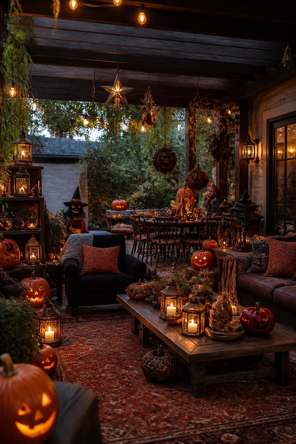 Covered outdoor patio at night decorated for Halloween with carved jack o lanterns, glowing lanterns, hanging star lights, and seating areas.