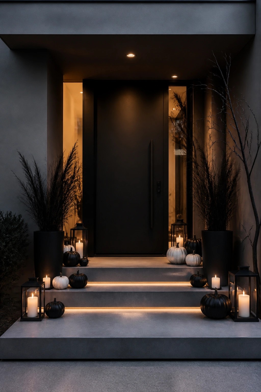 Concrete steps leading to a black front door decorated with clusters of black and white pumpkins and black lanterns holding lit candles.