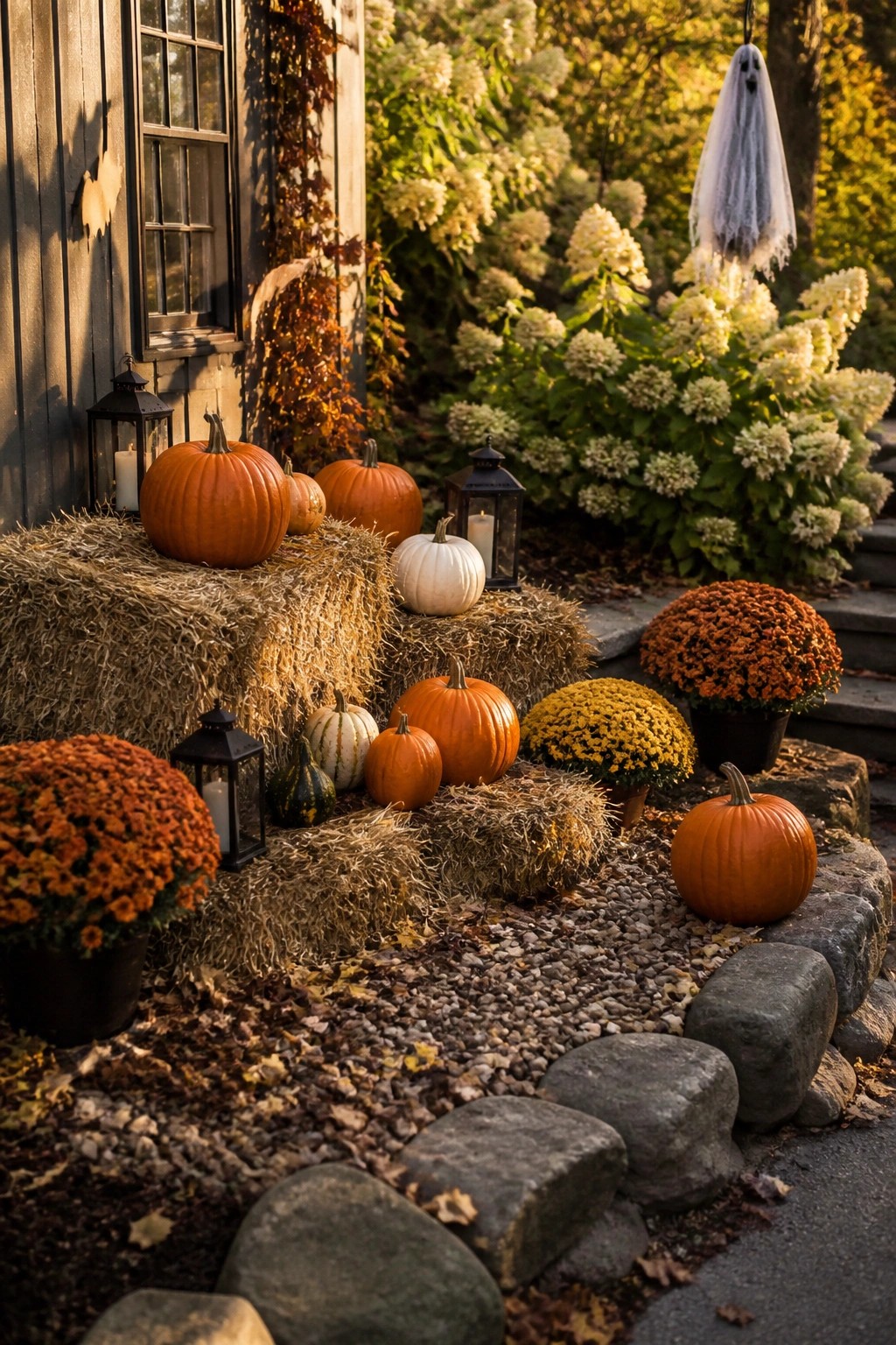 Autumn porch with pumpkins on hay bales, chrysanthemums, lanterns, and hanging ghost.