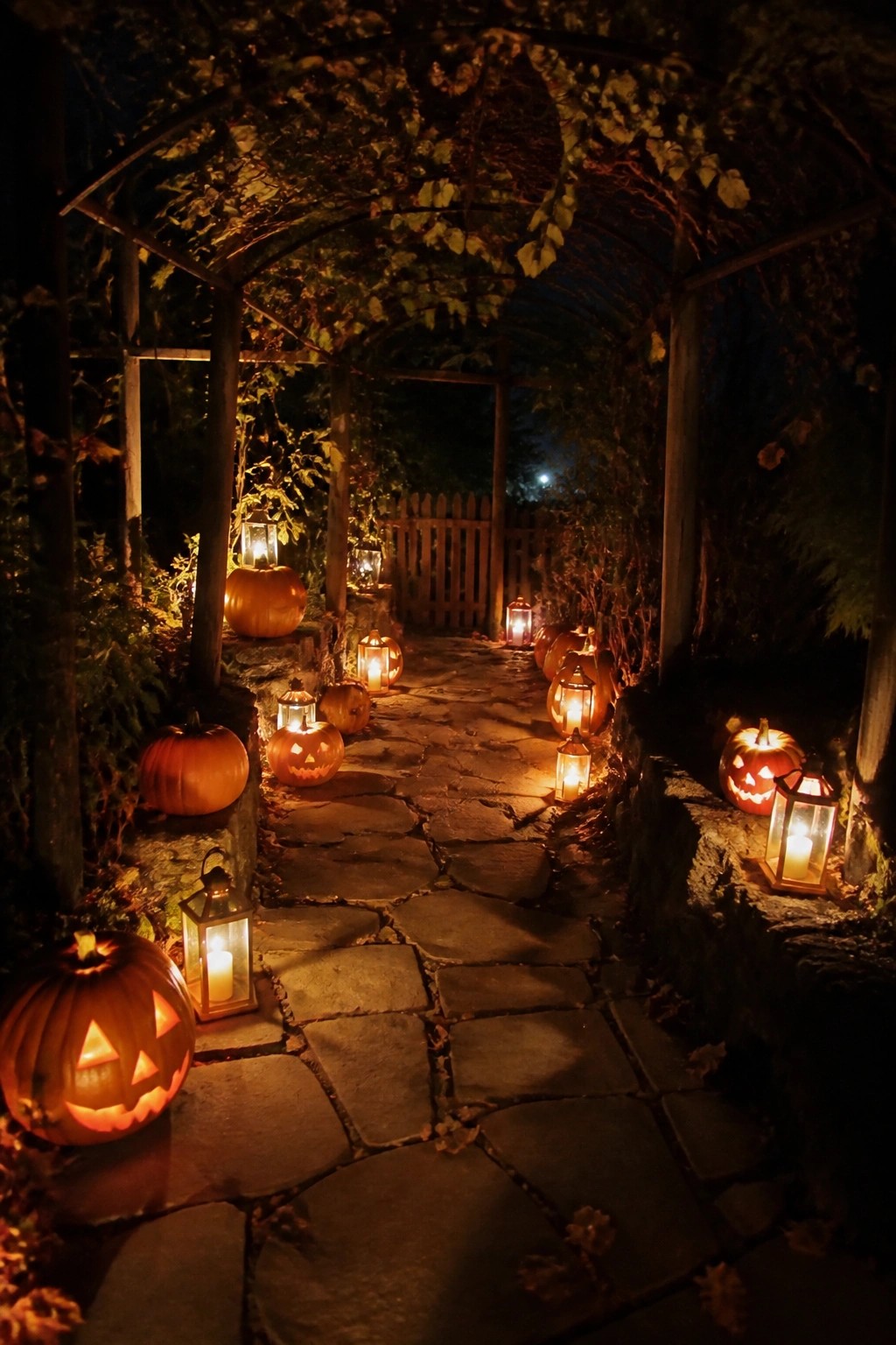 Stone pathway at night lined with carved jack o' lanterns and glowing lanterns under a wooden vine-covered arch.