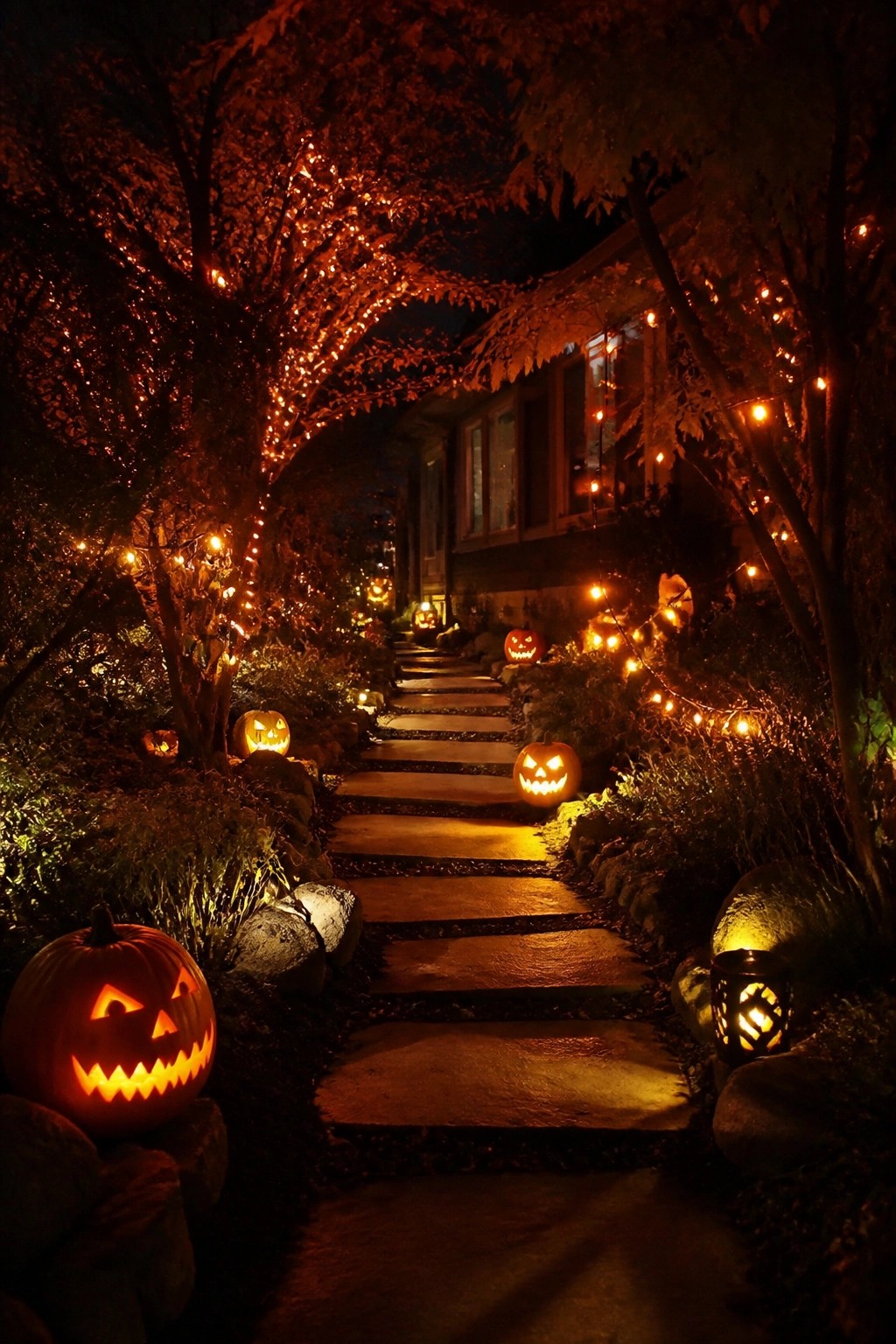 Stone steps lined with glowing jack-o'-lanterns and orange string lights at night.