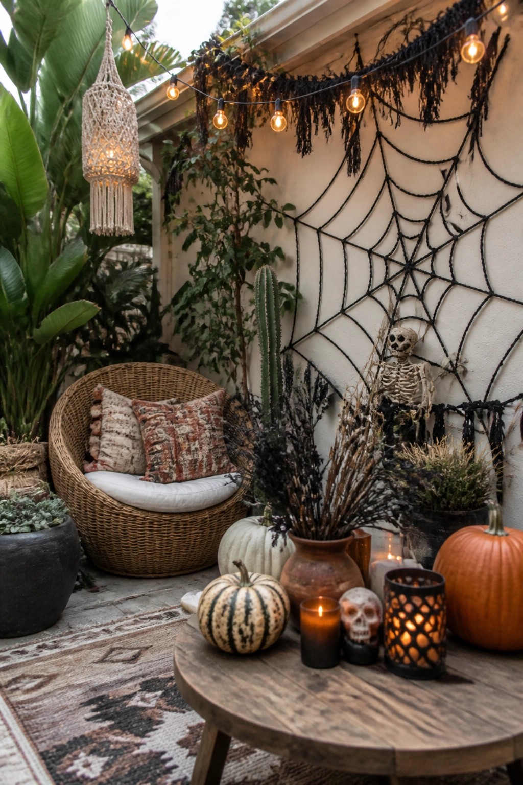 Outdoor patio wall covered with a large black spiderweb decoration, a skeleton figure attached to it, pumpkins, candles, and dried branches arranged nearby.