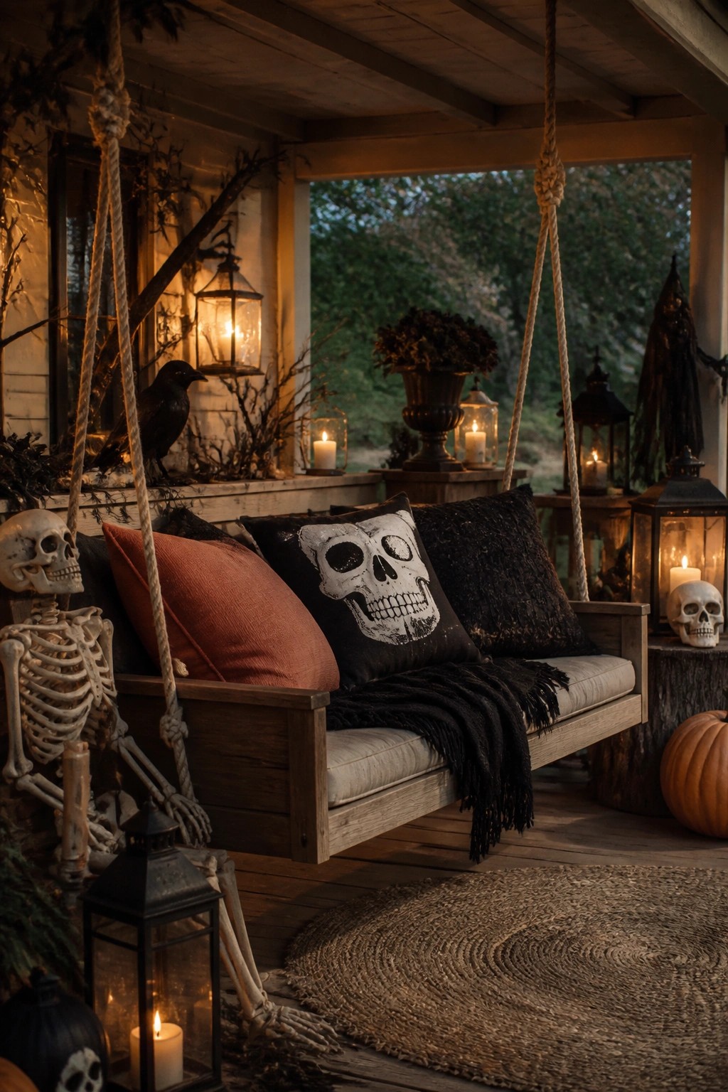 Wooden porch swing styled with a seated skeleton, skull pillow, black throw, and lit lanterns for Halloween.
