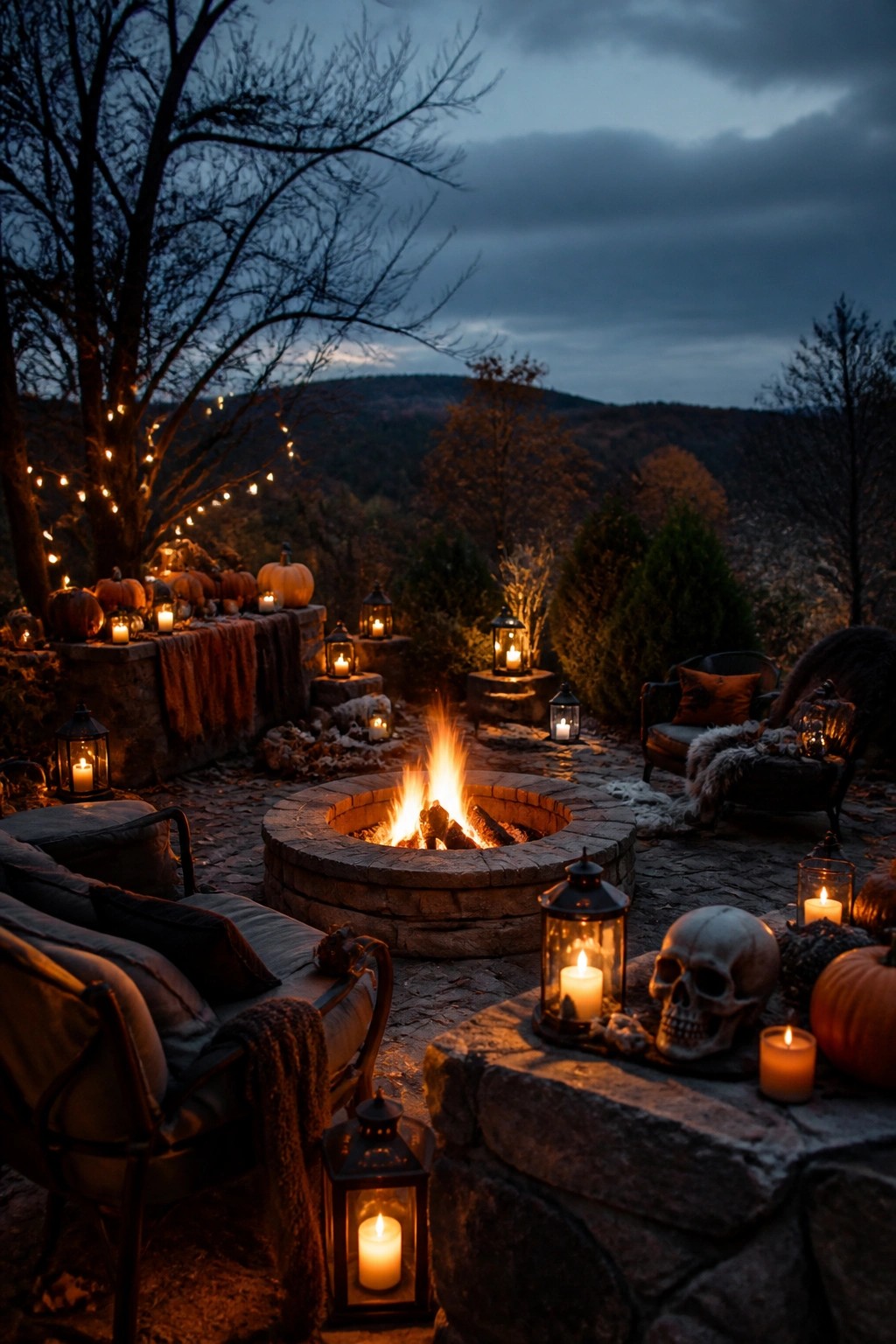 Stone fire pit on a patio with several human skulls and glowing lanterns arranged on the surrounding ledge at dusk.