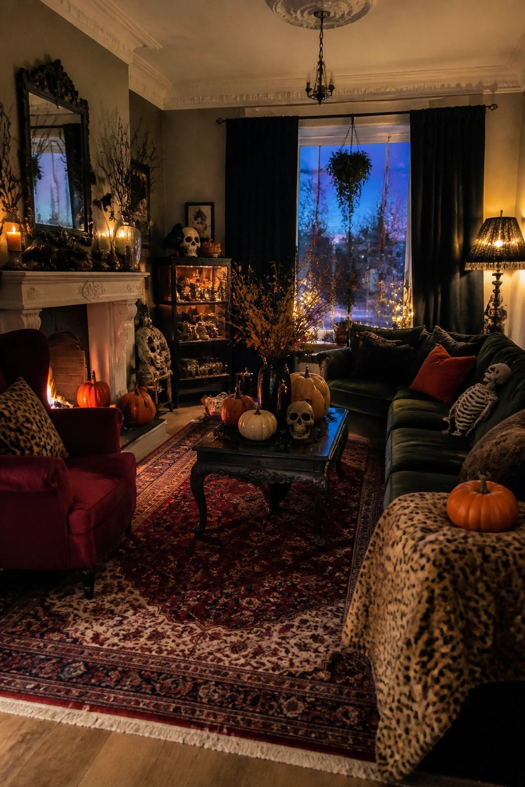Living room scene showing a skeleton seated on a dark green sofa with skulls and pumpkins arranged on the dark coffee table.