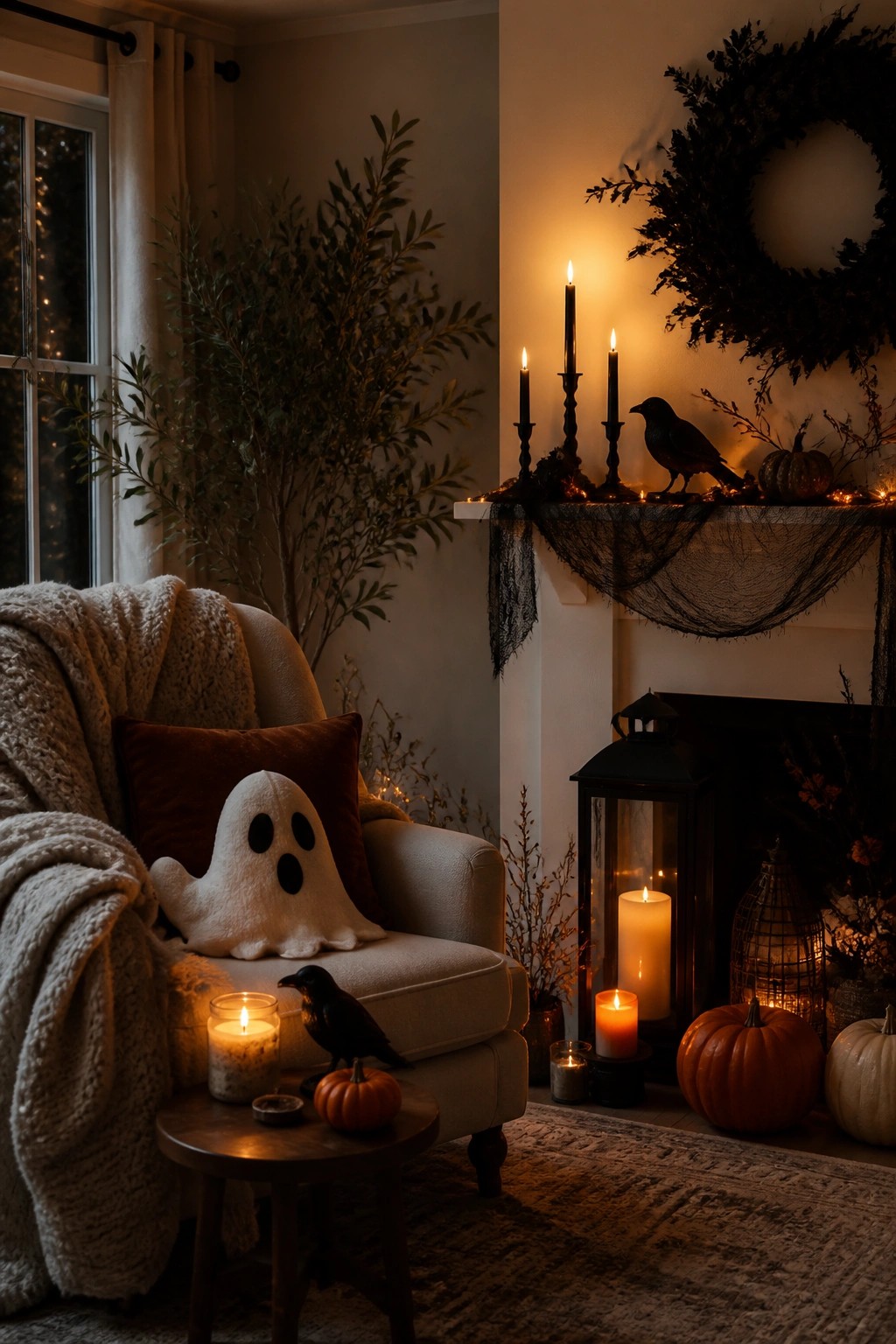 Living room mantel styled for Halloween with black candles, a crow figurine, black netting, and small pumpkins.