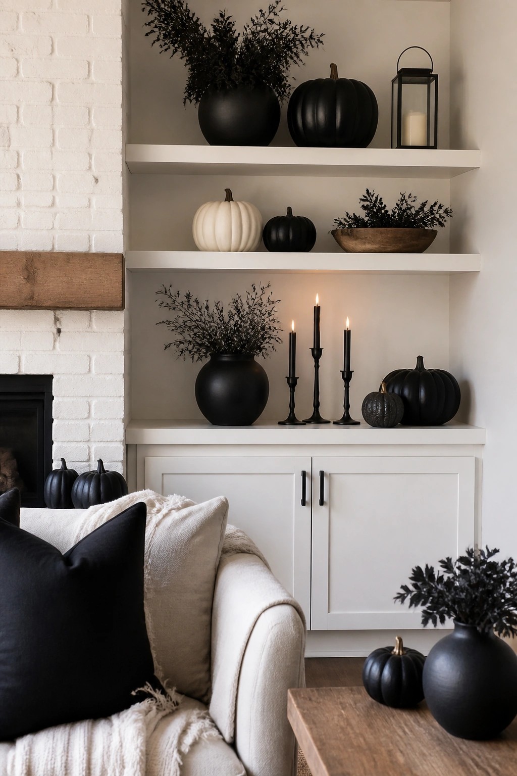 White built-in shelves and mantel styled with black pumpkins, black taper candles, and dark foliage in black vases.