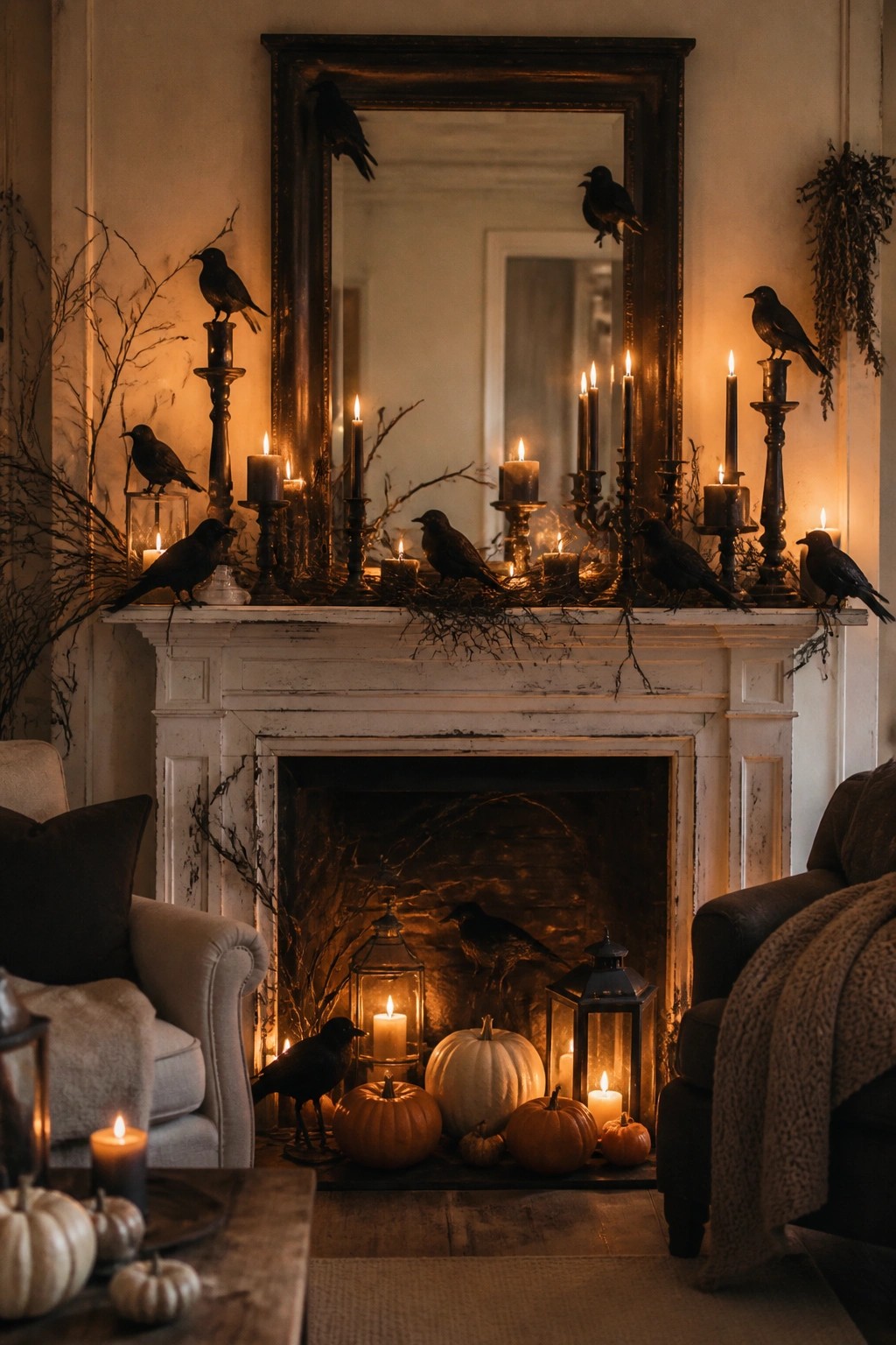 White fireplace mantel decorated with multiple black crows, lit black candles, bare branches, and pumpkins arranged in the hearth.