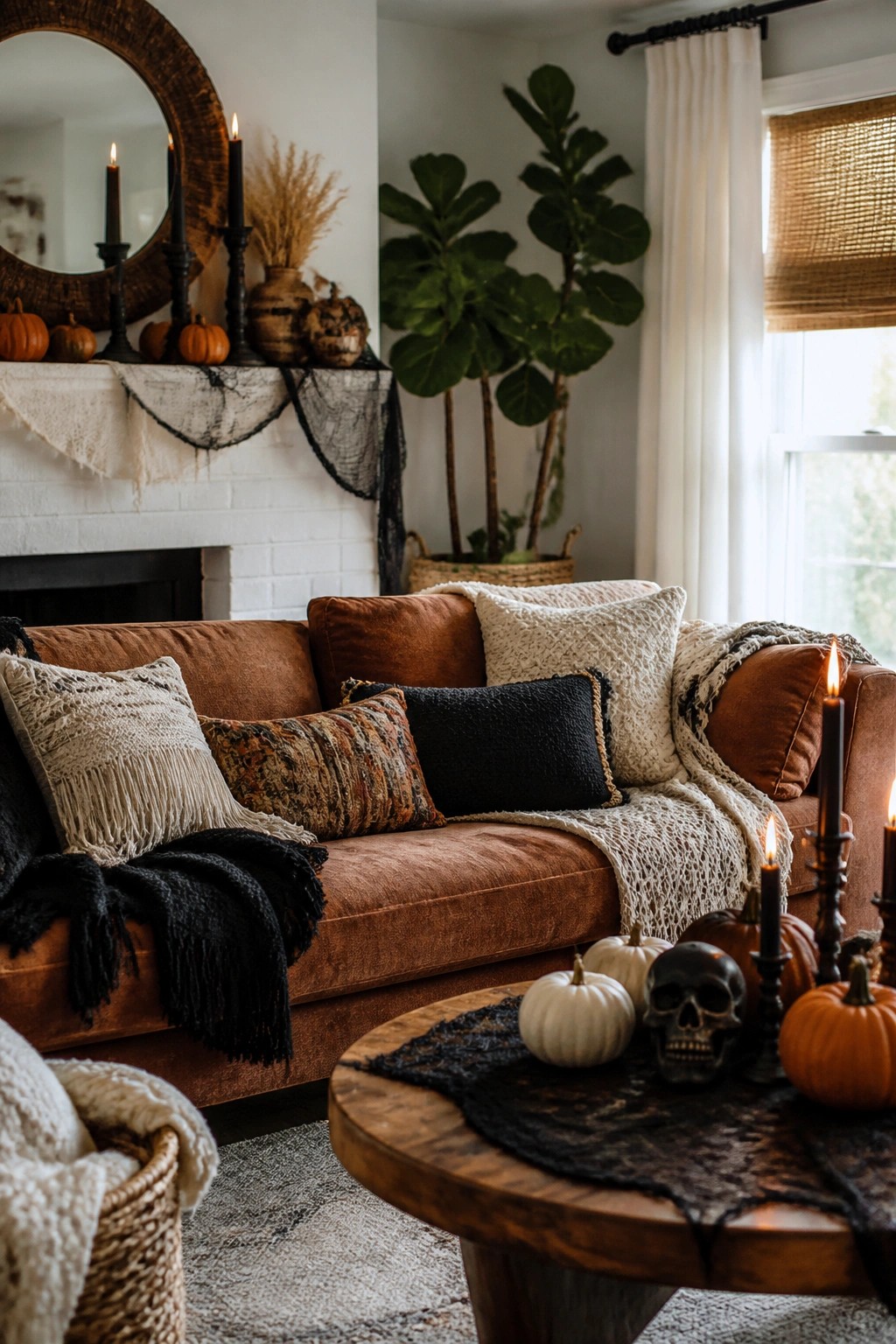 Living room with brown sofa, white mantel draped in black webbing, black candles, and a wooden coffee table holding a black skull and small white pumpkins.