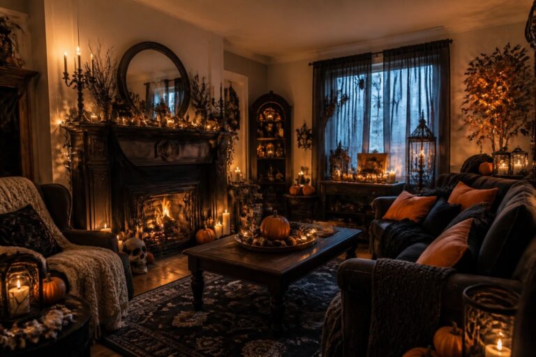 Living room fireplace with multiple carved jack o lanterns on the mantel and hearth, a fall wreath above, and lit lanterns scattered nearby.