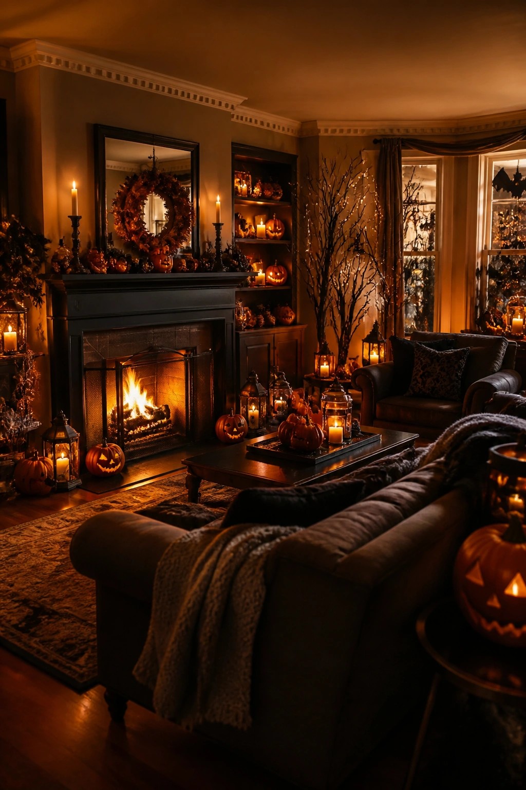 Living room fireplace with multiple carved jack o lanterns on the mantel and hearth, a fall wreath above, and lit lanterns scattered nearby.