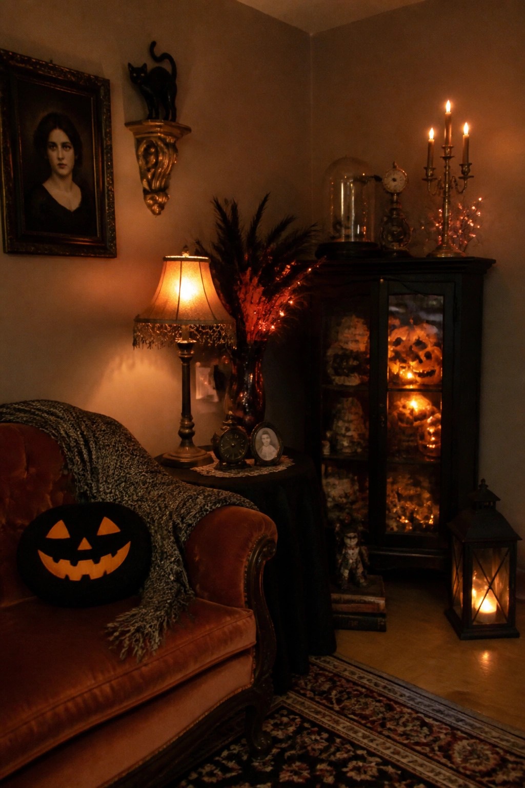 Vintage Halloween room with red armchair, glowing pumpkins in cabinet, and candlelit decor.