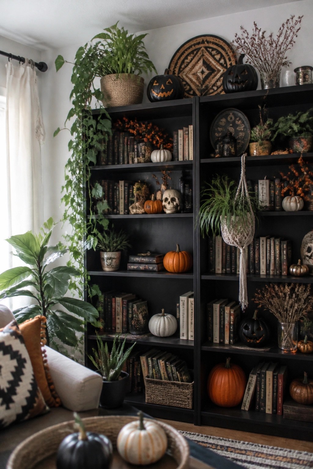 Black bookshelves styled with carved jack o’lanterns, skulls, books, and houseplants for Halloween.