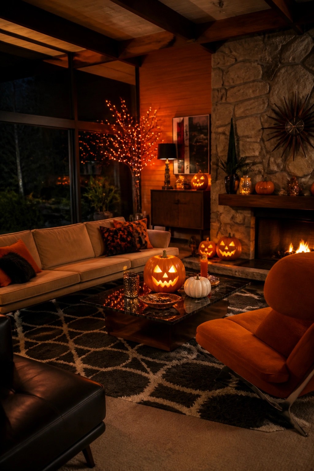 Living room with multiple lit jack o lanterns on a coffee table and near a stone fireplace.