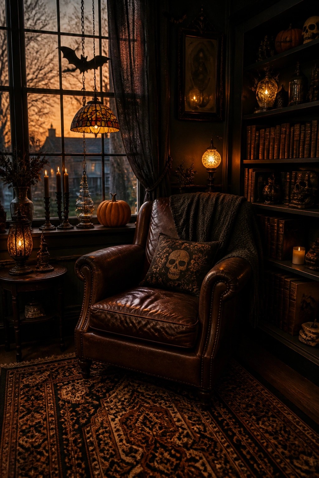 Leather armchair with skull pillow in dark gothic library with bookshelves and candles