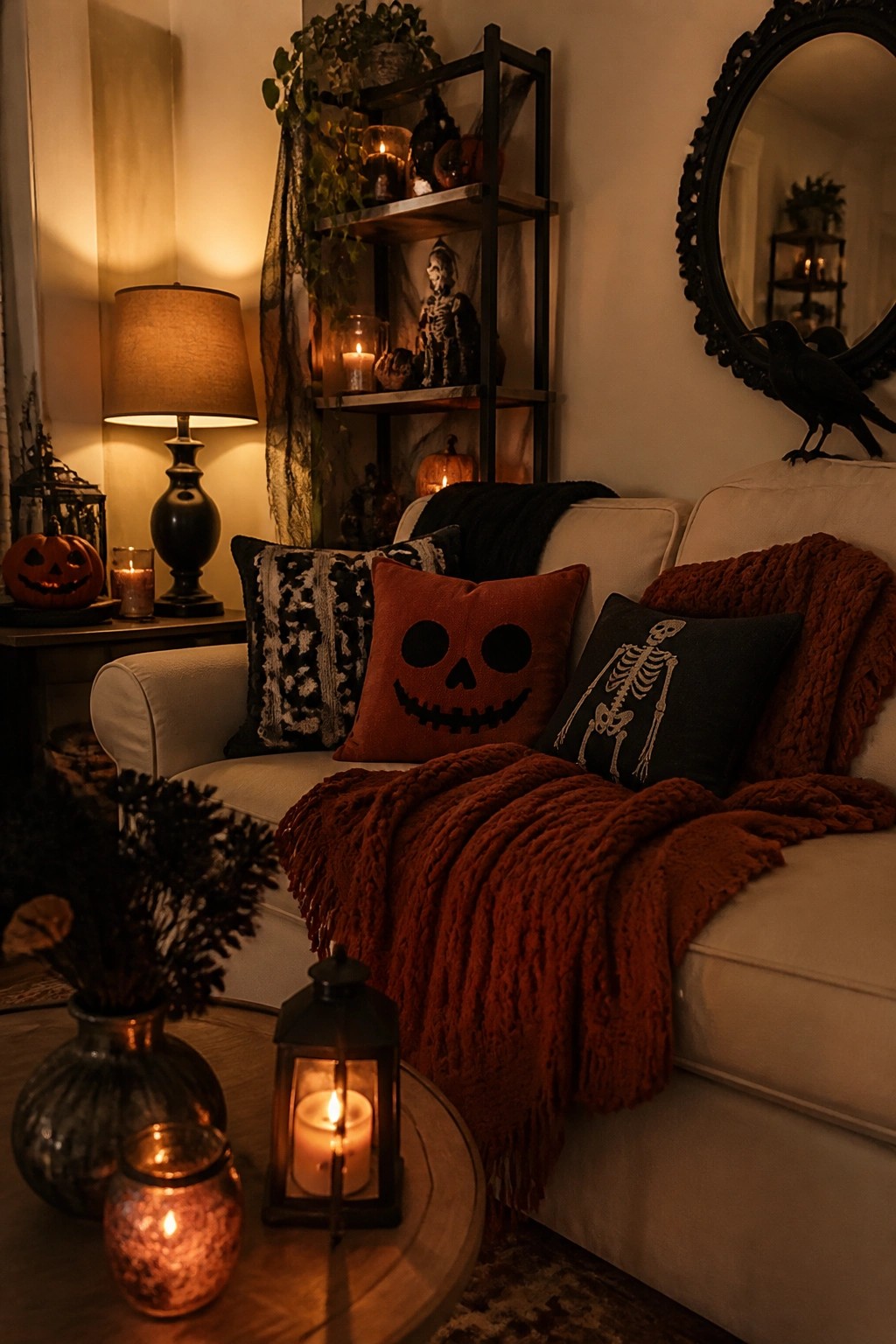 Cozy white sofa with jack-o-lantern and skeleton pillows, orange blanket, and candles