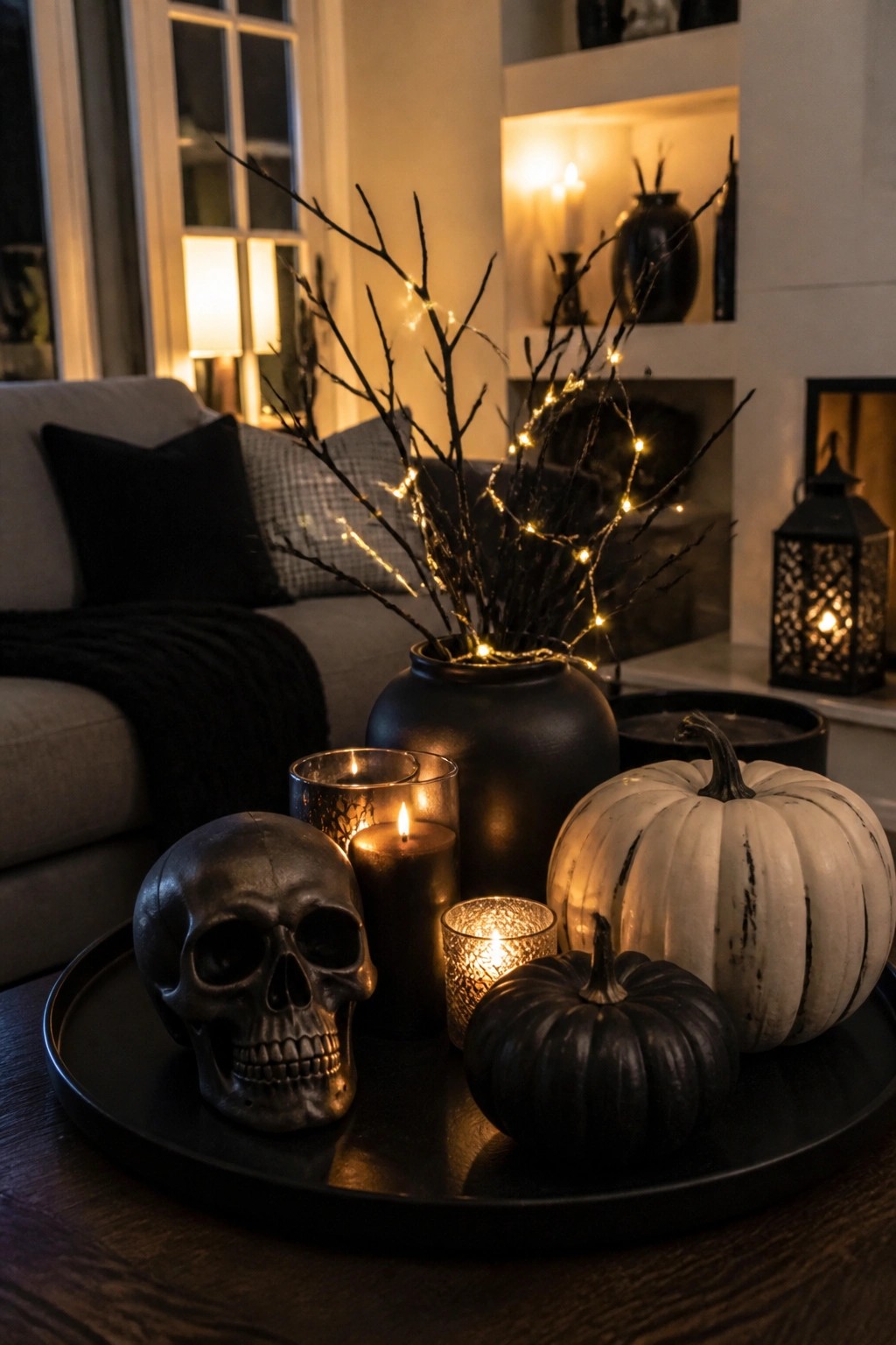 Metallic skull, lit candles, and black-white pumpkins with glowing branches on black tray