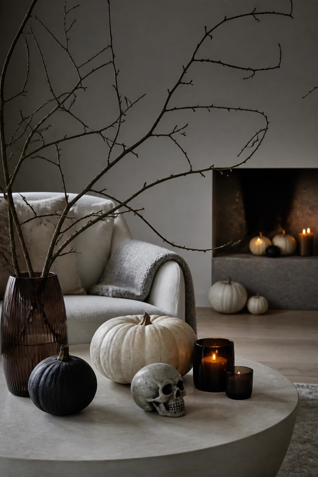 Living room coffee table featuring a gray skull, black and white pumpkins, lit candles in dark glass holders, and bare branches in a ribbed vase.