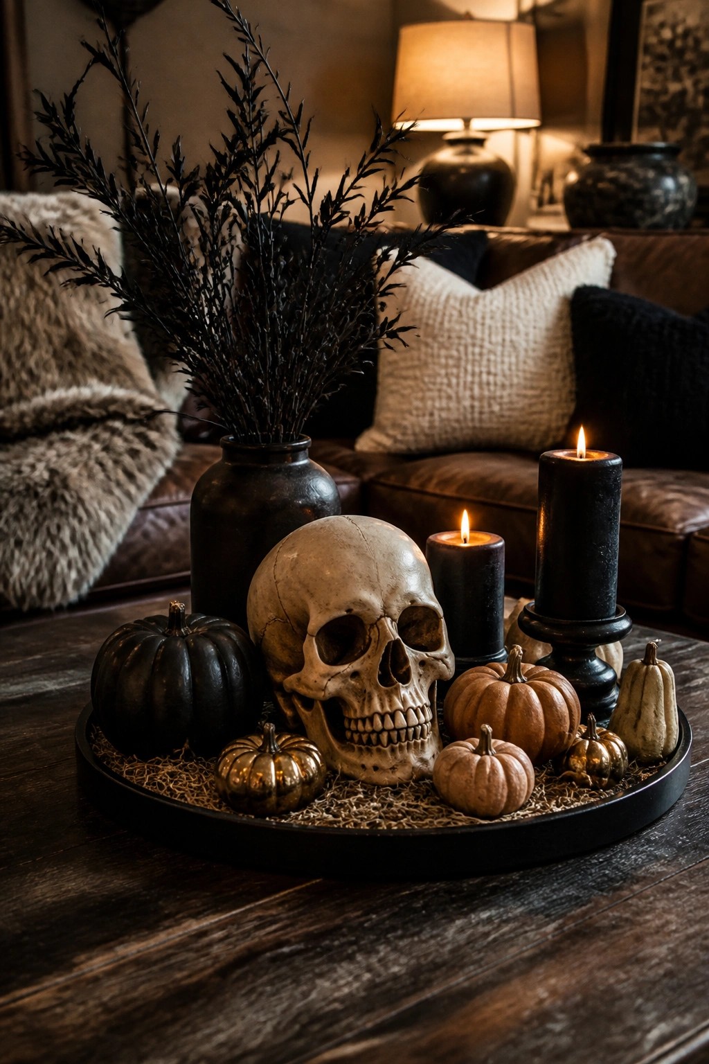 A round black tray on a wooden table displays a human skull, black pillar candles, and assorted small pumpkins with a dark vase of branches in the background.