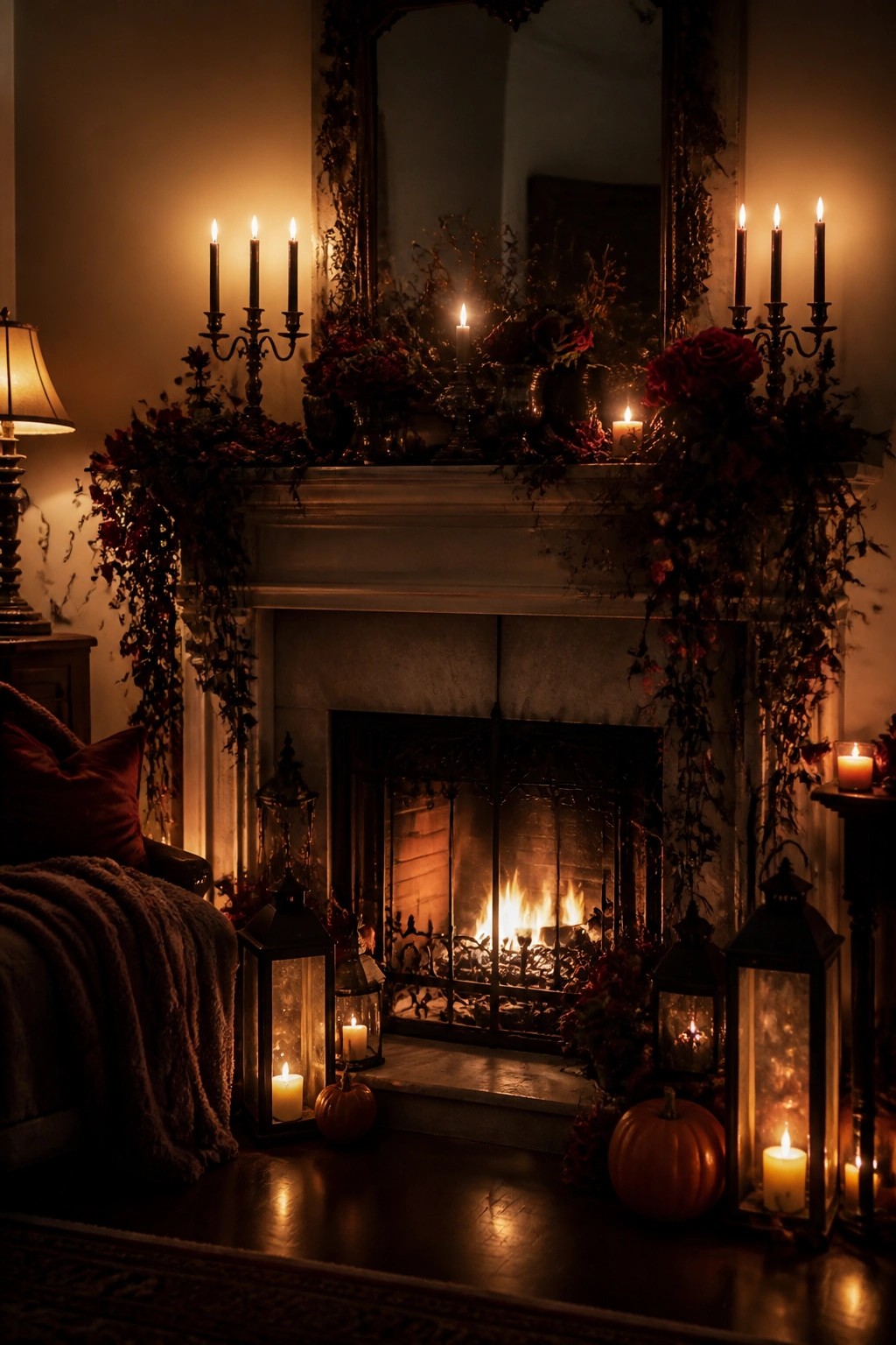 Fireplace mantel styled with black candelabras, red floral garlands, and multiple candles, plus lanterns and pumpkins arranged around the hearth in front of a lit fire.