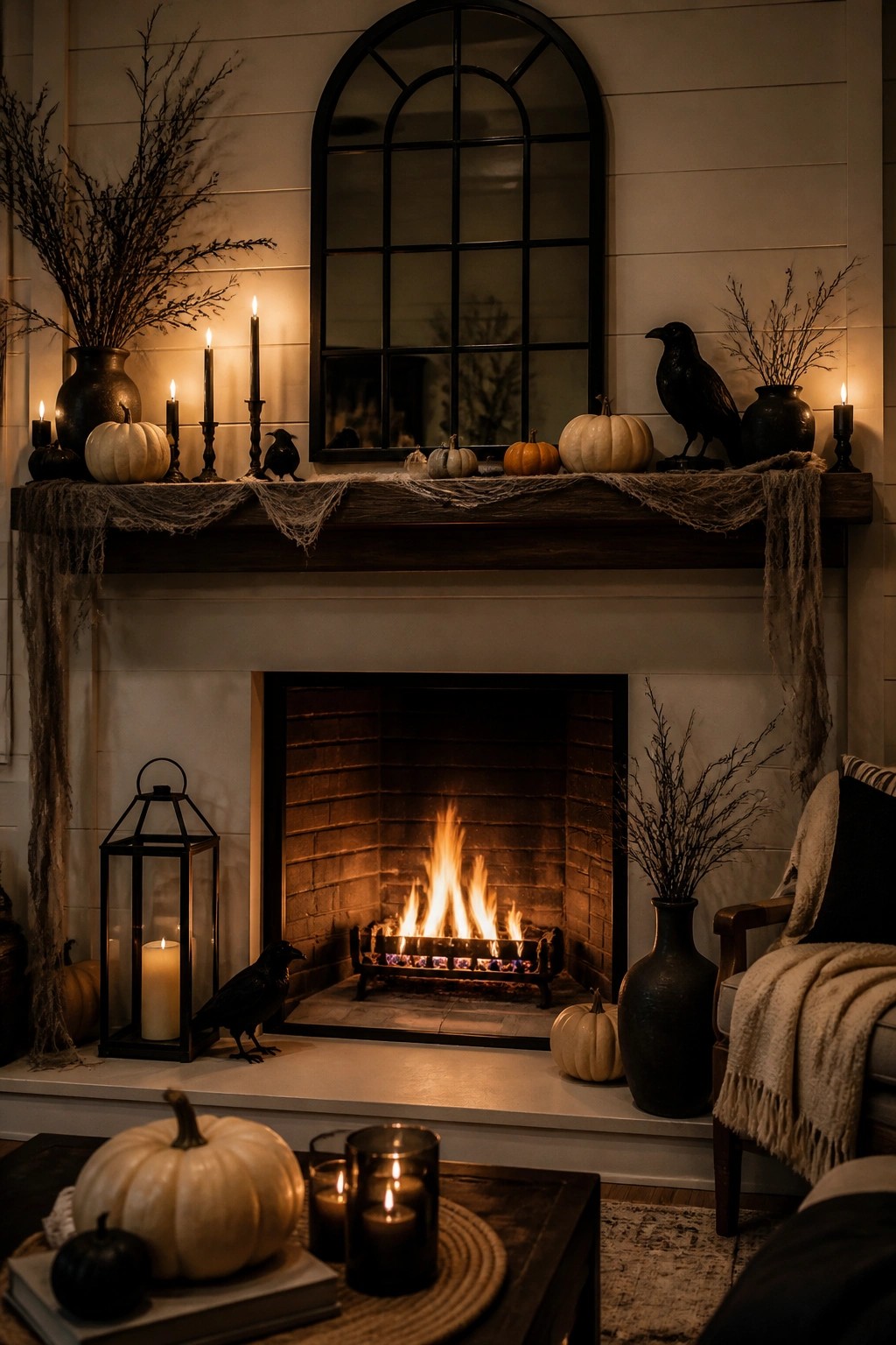 Fireplace mantel decorated with black crows, white pumpkins, candles, and draped fabric for Halloween.