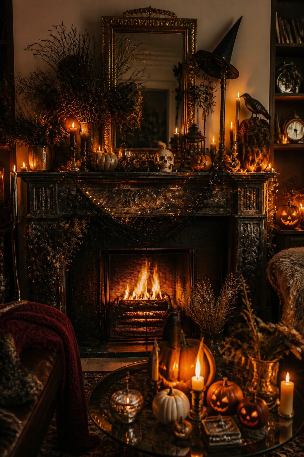 Cozy Halloween fireplace with pumpkins, skull, candles, witch hat, and burning fire.