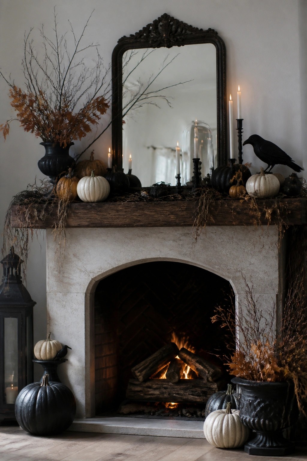 A stone fireplace mantel styled with white and black pumpkins, white taper candles, dark branches, and a black crow for Halloween.