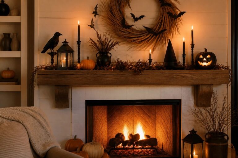 Stone fireplace with wooden mantel decorated with orange pumpkins, black lanterns, string lights, and autumn foliage.