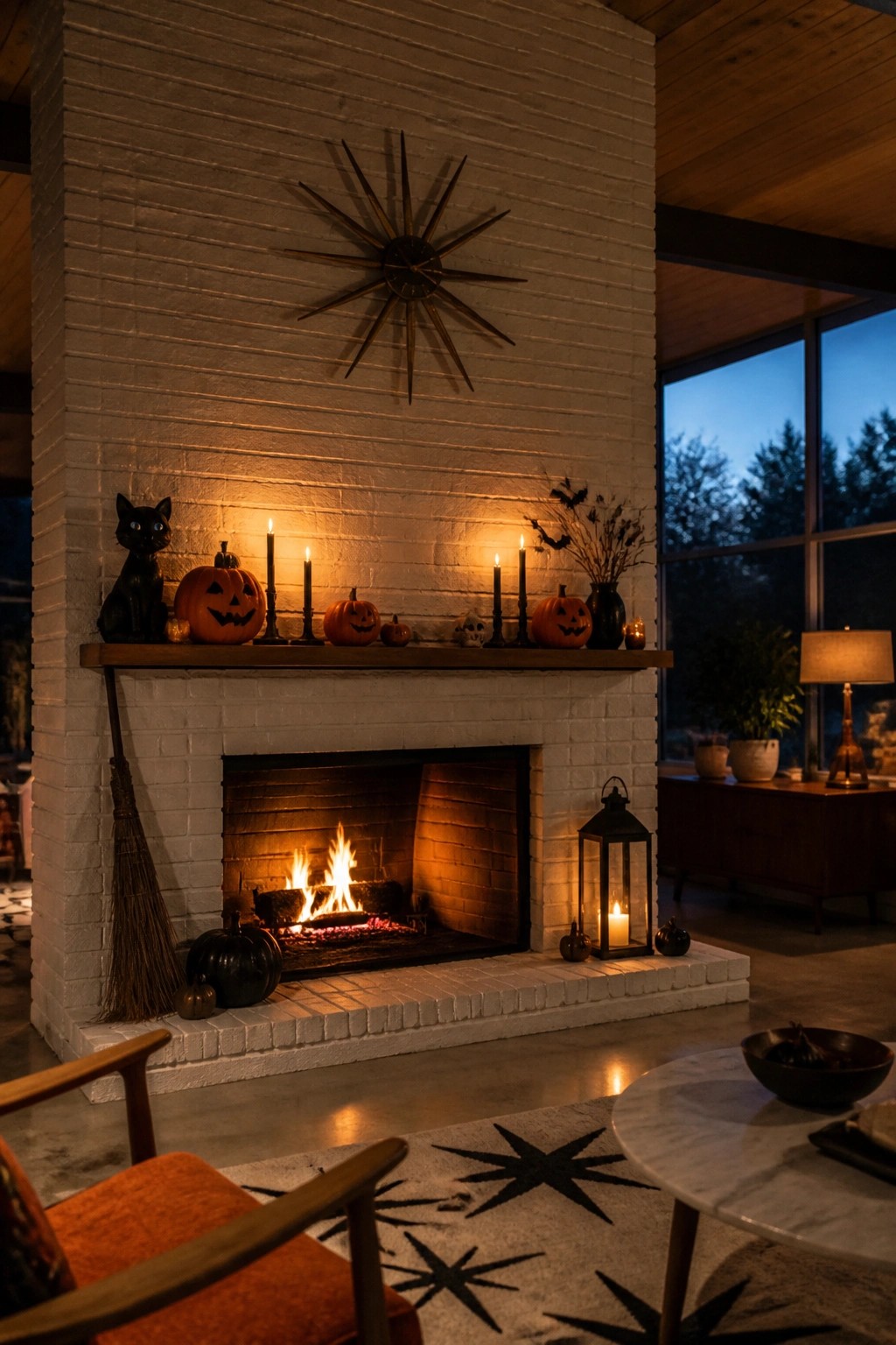 Cozy white brick fireplace with lit fire, pumpkins, candles, black cat, and starburst clock.