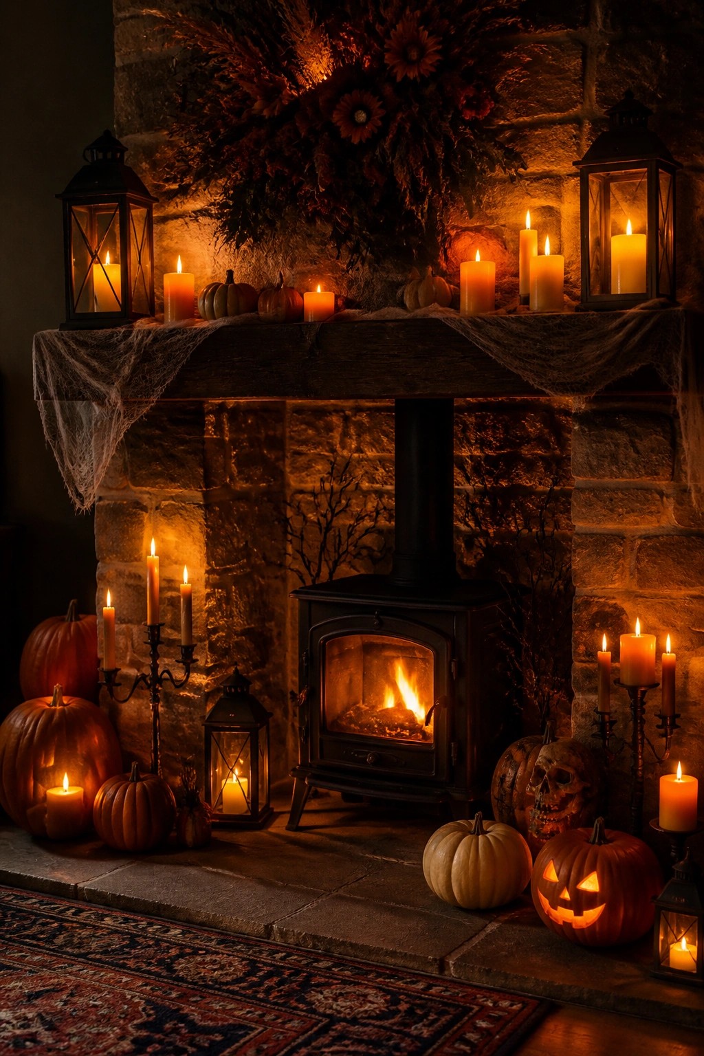Stone fireplace with a black wood stove, jack o lanterns on the hearth and mantel, lit candles in lanterns, and small pumpkins arranged around the area.