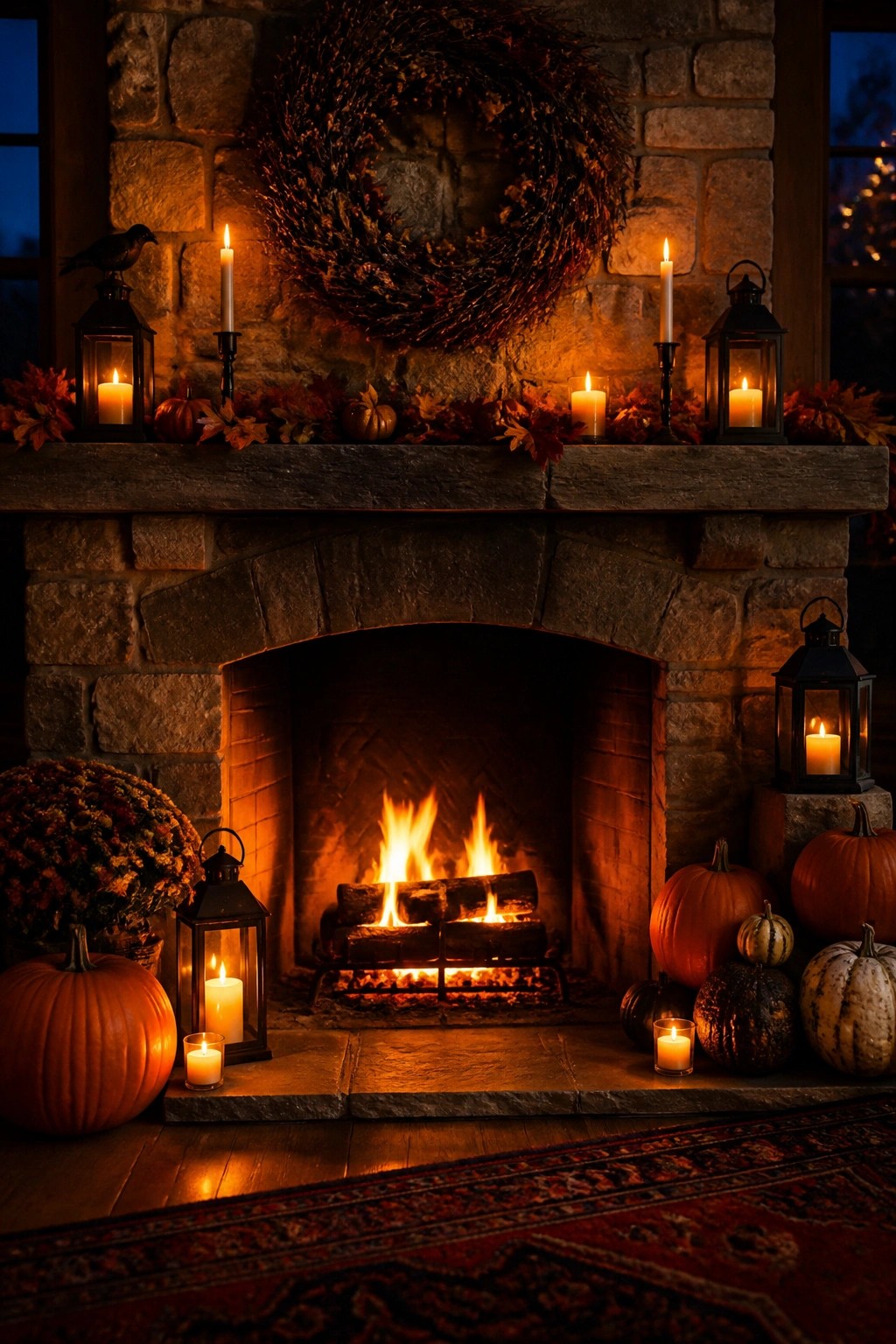 Stone fireplace with lit fire, mantel decorated with black lanterns, white candles, small pumpkins, and autumn leaf garland, plus more pumpkins and lanterns on the hearth.
