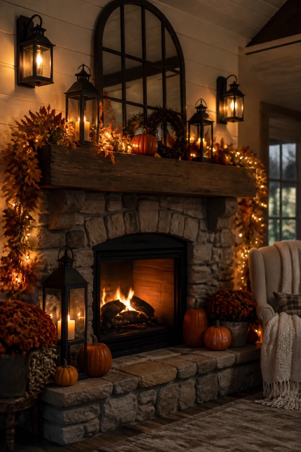 Stone fireplace with wooden mantel decorated with orange pumpkins, black lanterns, string lights, and autumn foliage.