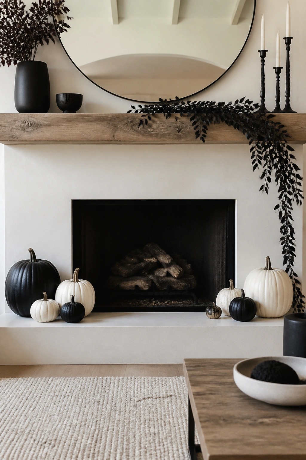 Fireplace mantel decorated with black and white pumpkins of varying sizes, a black foliage garland, and black candle holders.