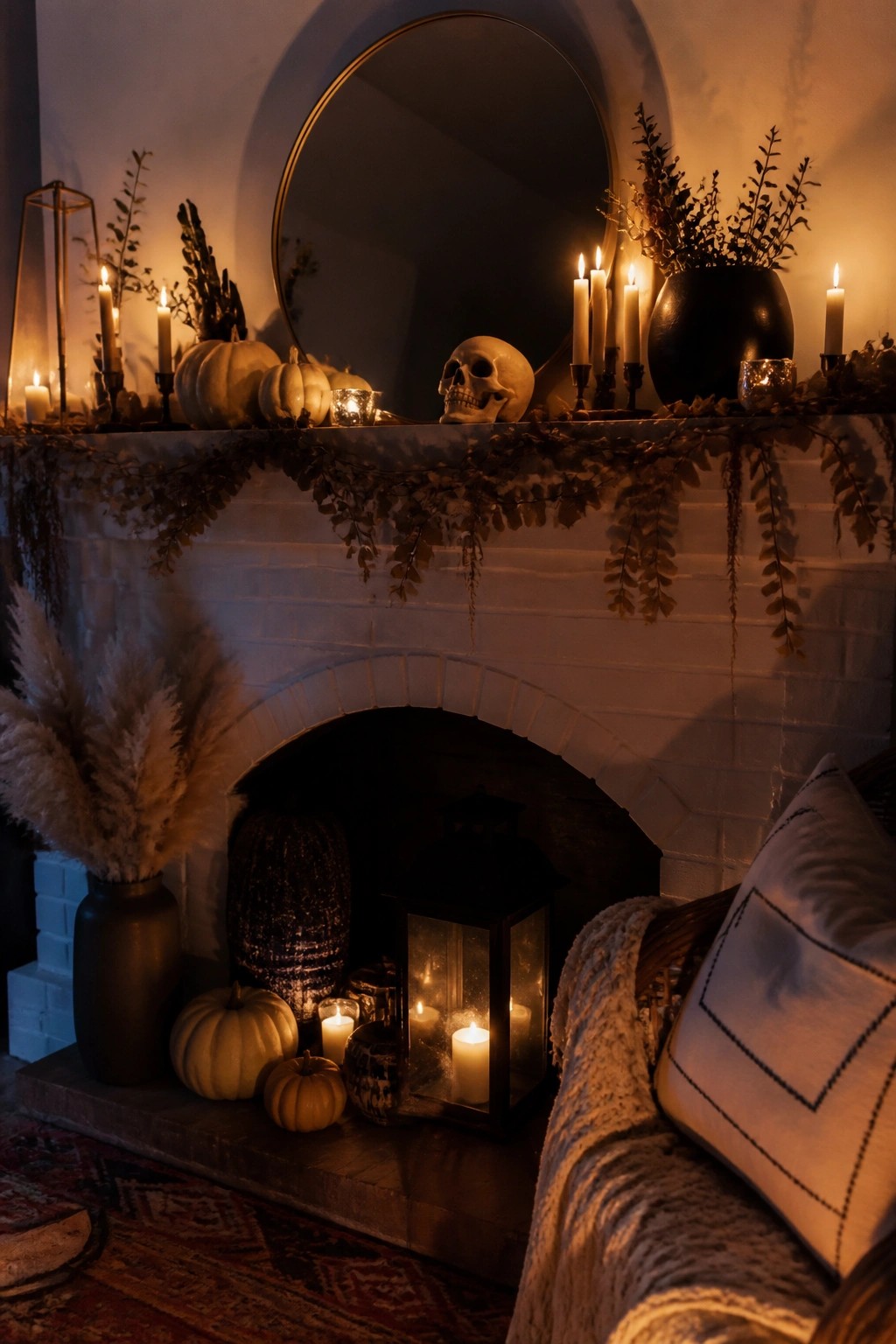 White brick fireplace mantel with a human skull centered among candles, small pumpkins, and dark foliage.