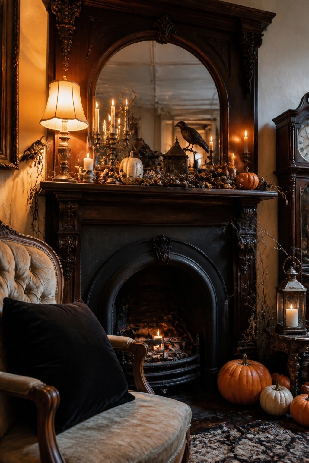 Dark wooden fireplace mantel styled with a black crow, multiple lit candles, pumpkins, and dried foliage for Halloween.