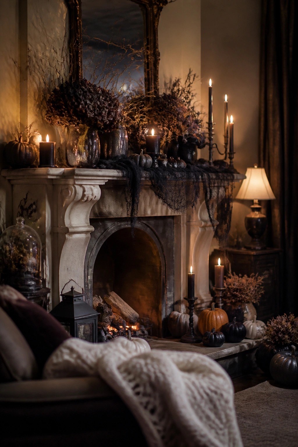 A stone fireplace mantel decorated with black candles, dark floral arrangements, pumpkins, and black gauze for Halloween.