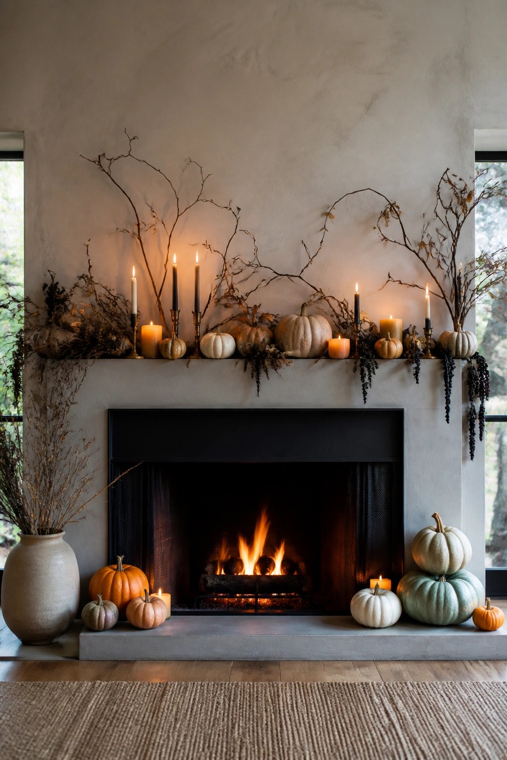 Fireplace mantel styled with bare branches, assorted candles, and a row of neutral pumpkins above a lit fire.